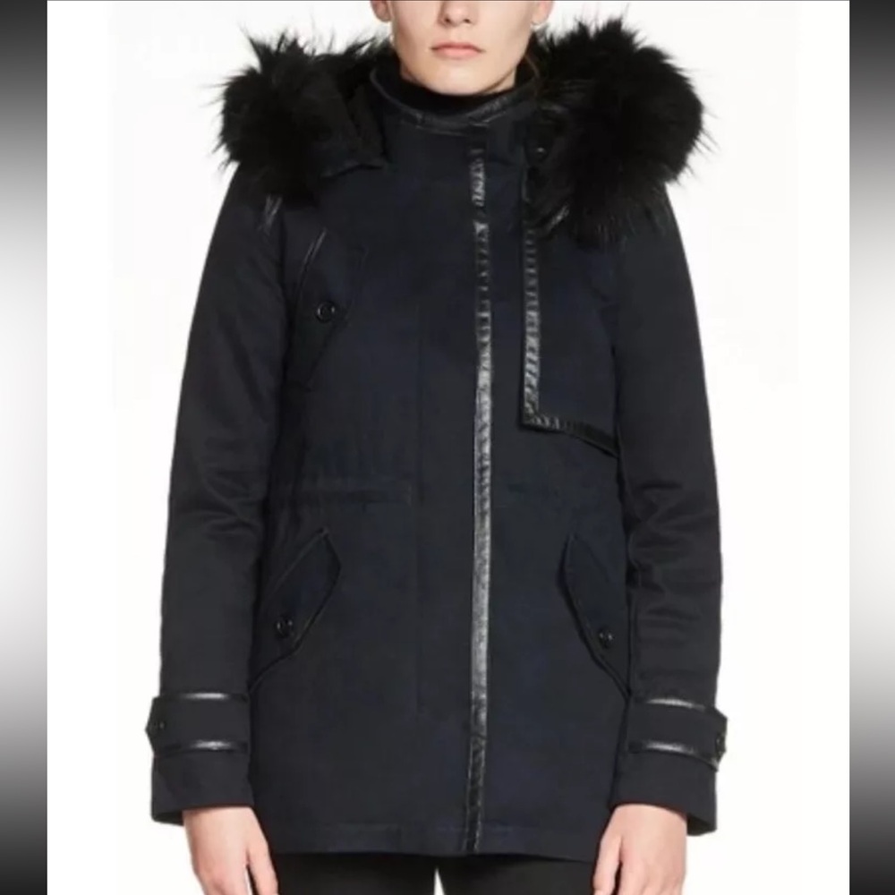 Maje Gamaso Parka Coat Fur Hood Leather Trim Midnight Blue